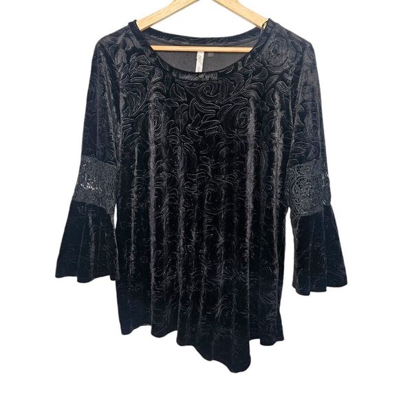 NY Collection Velour Burnout Bell Sleeve Top Med Black Witchy Goth Fairy Crochet - Picture 1 of 9